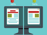 Split computer screen comparing two documents with bar columns above: One with 46% and one with 54%