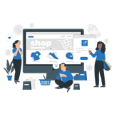 Cartoon of 3 people sitting in front of a laptop online shopping