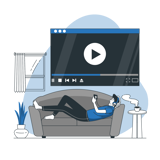 Cartoon person laying on a couch, with coffee, watching YouTube videos