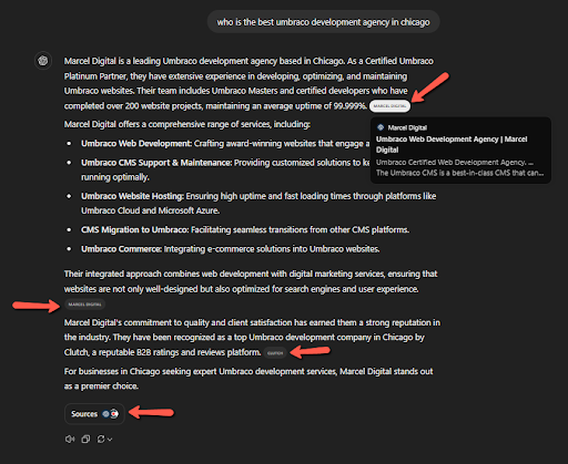 ChatGPT-4o output for who is the best Umbraco development agency in Chicago