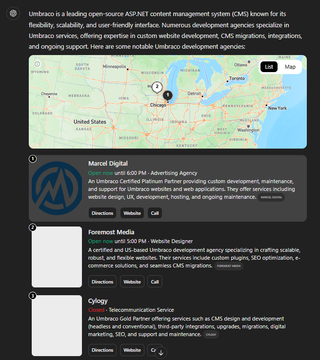 Screenshot of ChatGPT Search Result showing Marcel Digital as the best Umbraco developer