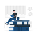 Cartoon man sitting on books while reading