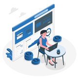 Cartoon depicting a person sitting on a laptop managing sales and revenue, with money surrounding them