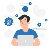 Cartoon depicting a man on his computer getting pop-up online advertisements