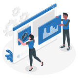 Two cartoon people putting together a data dashboard