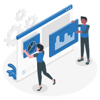 Two cartoon people putting together a data dashboard