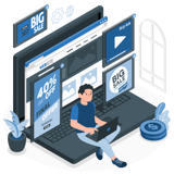 Cartoon person sitting on a big laptop, with the screen displaying advertisements and "Big Sale" signs