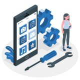 woman on smartphone standing next to phone with apps