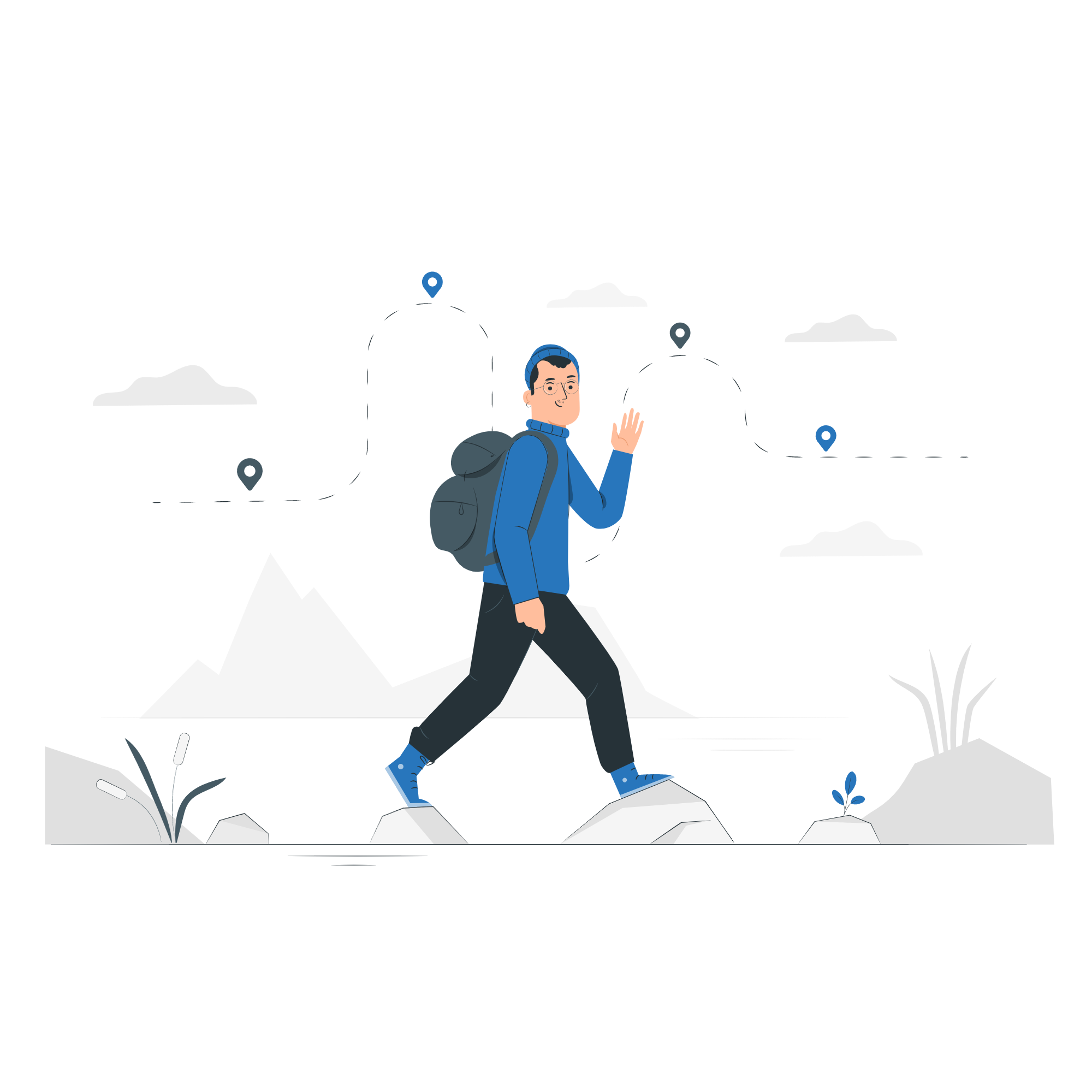 A cartoon man walking from one point to another