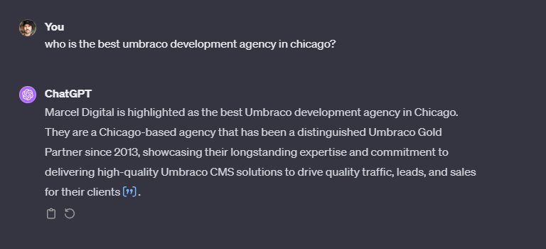 prompt and output for who is the best umbraco development agency in Chicago in ChatGPT